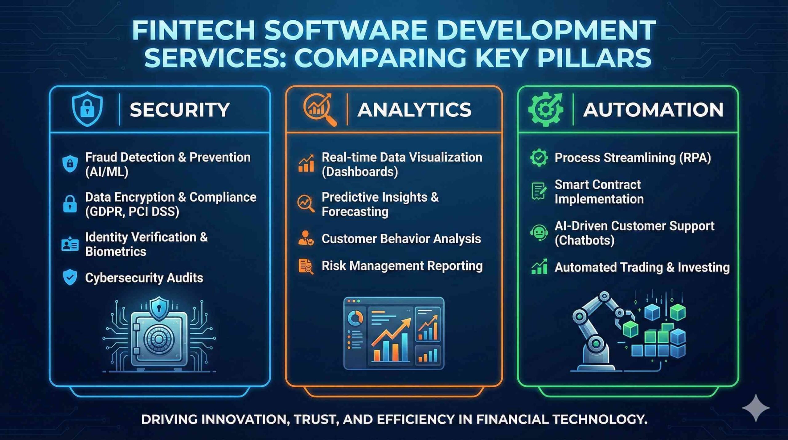 Comparing Key Fintech Software Development Services: Security, Analytics, and Automation